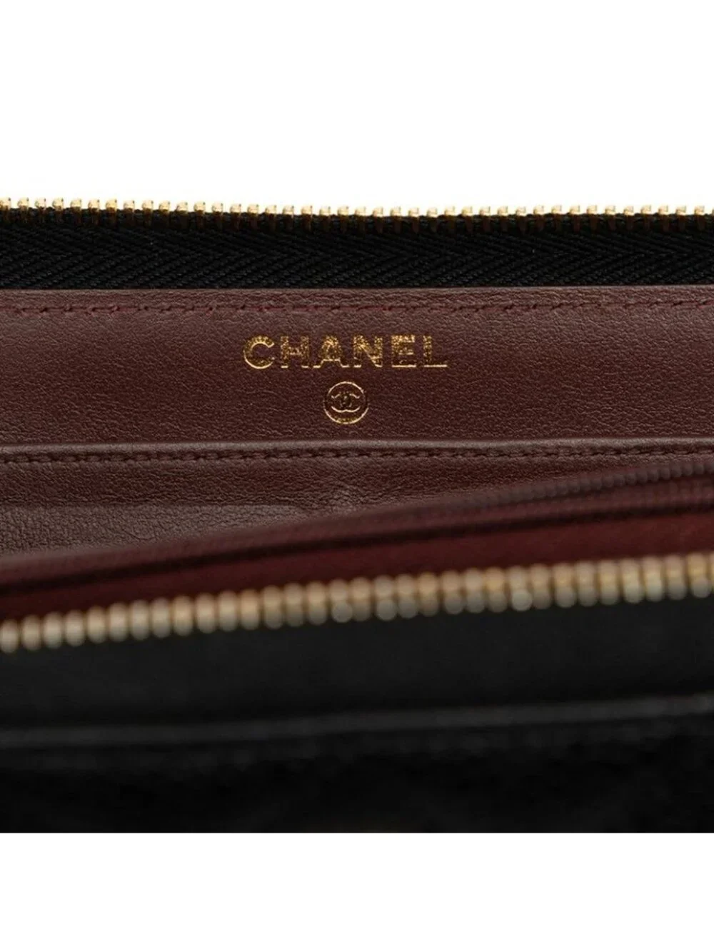 Chanel Quilted CC Logo Zip Around Wallet Black Bordeaux Caviar Leather